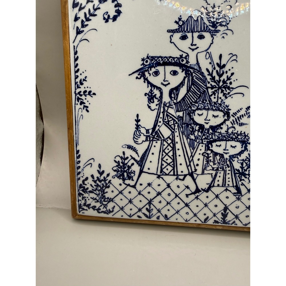 Vintage Bjorn Wiinblad Ceramic Trivet Blue White Danish Modern Wood Frame 6x6 - Picture 9 of 16